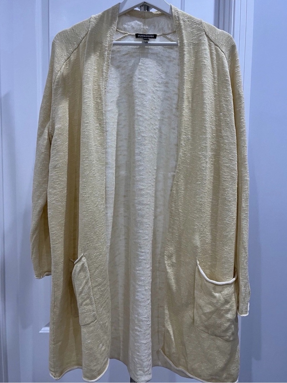 EILEEN FISHER cardigan / pale yellow long cotton/linen sweater / size XL